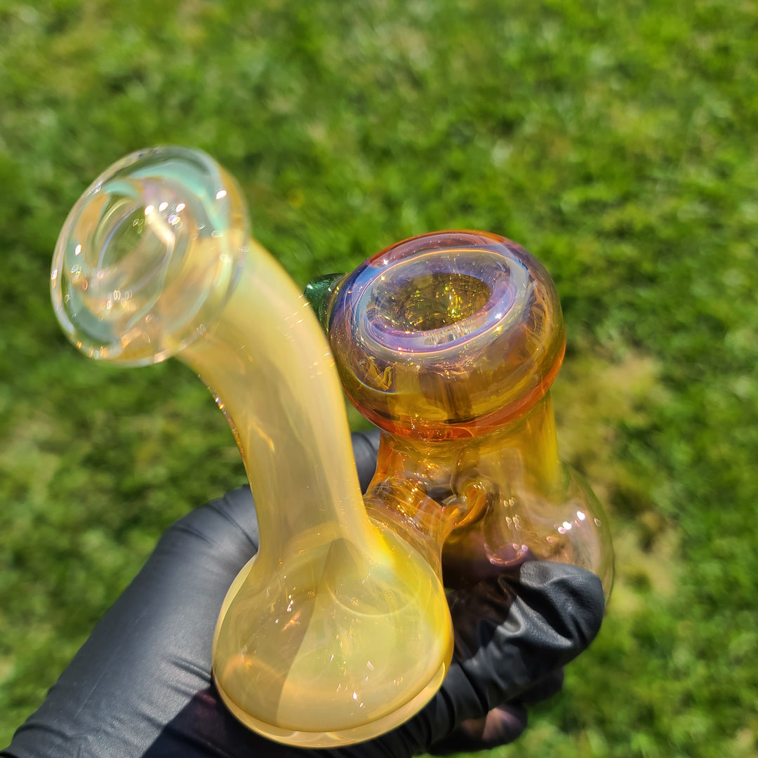 Orange and Pink Gold Fumed Bubbler with Green Carb Glass Pipe Cose Glass   