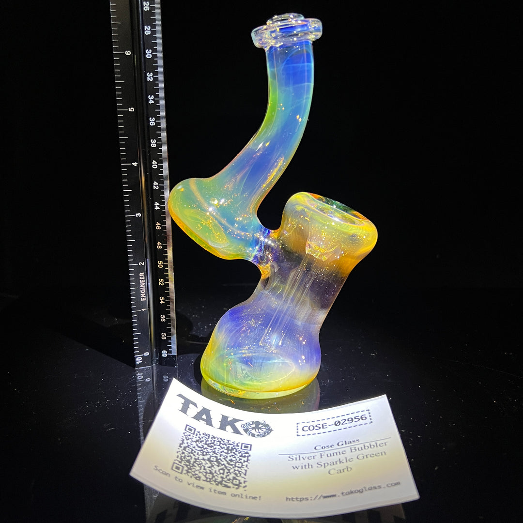 Silver Fume Bubbler with Sparkle Green Carb Glass Pipe Cose Glass   