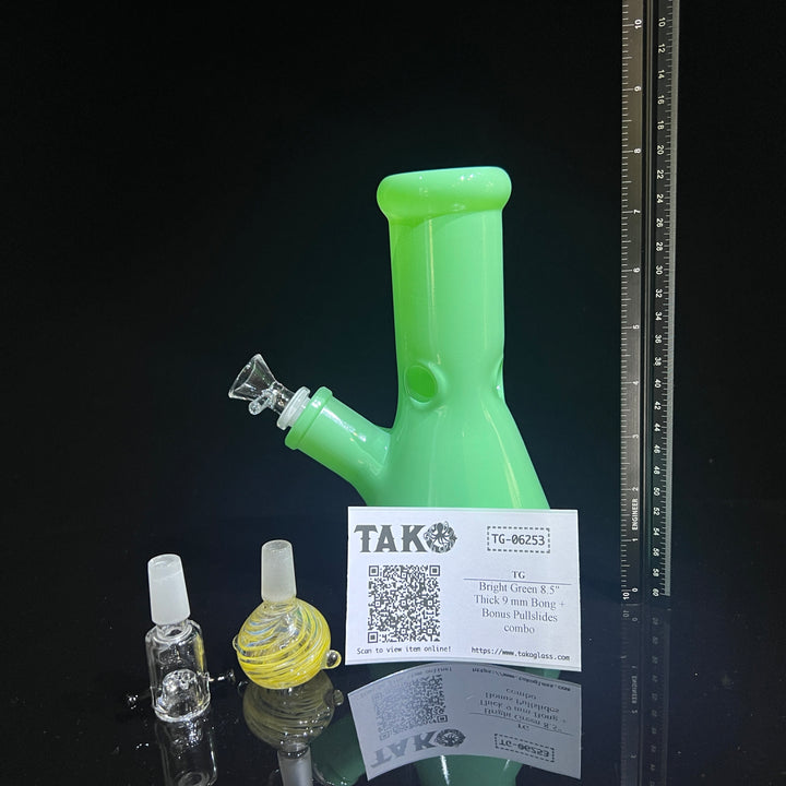 Bright Green 8.5" Thick 9 mm Bong + Bonus Pullslides combo Glass Pipe TG   