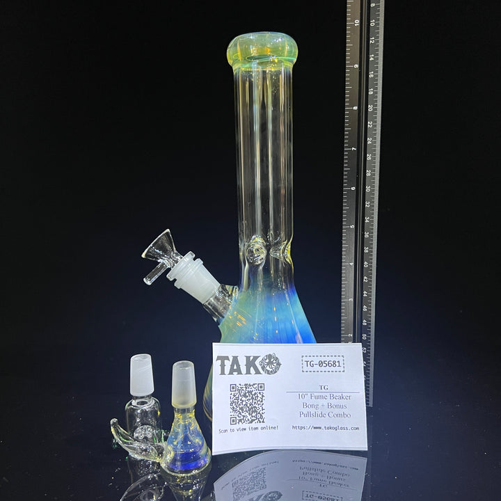 10" Fume Beaker Bong + Bonus Pullslide Combo Glass Pipe TG   