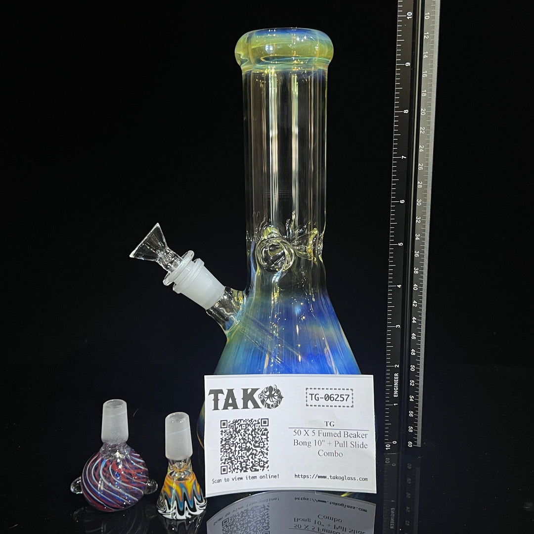 50 X 5 Fumed Beaker Bong 10" + Pull Slide Combo Glass Pipe TG   