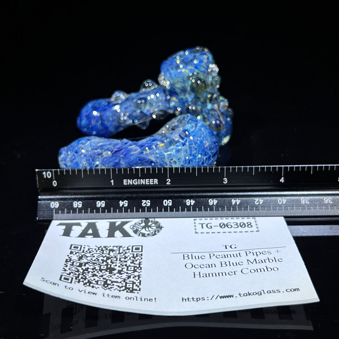 Blue Peanut Pipes + Ocean Blue Marble Hammer Combo Glass Pipe TG   