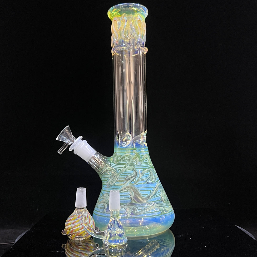 12" Ripple Fume Beaker Bong + Pull Slide Combo Glass Pipe TG   