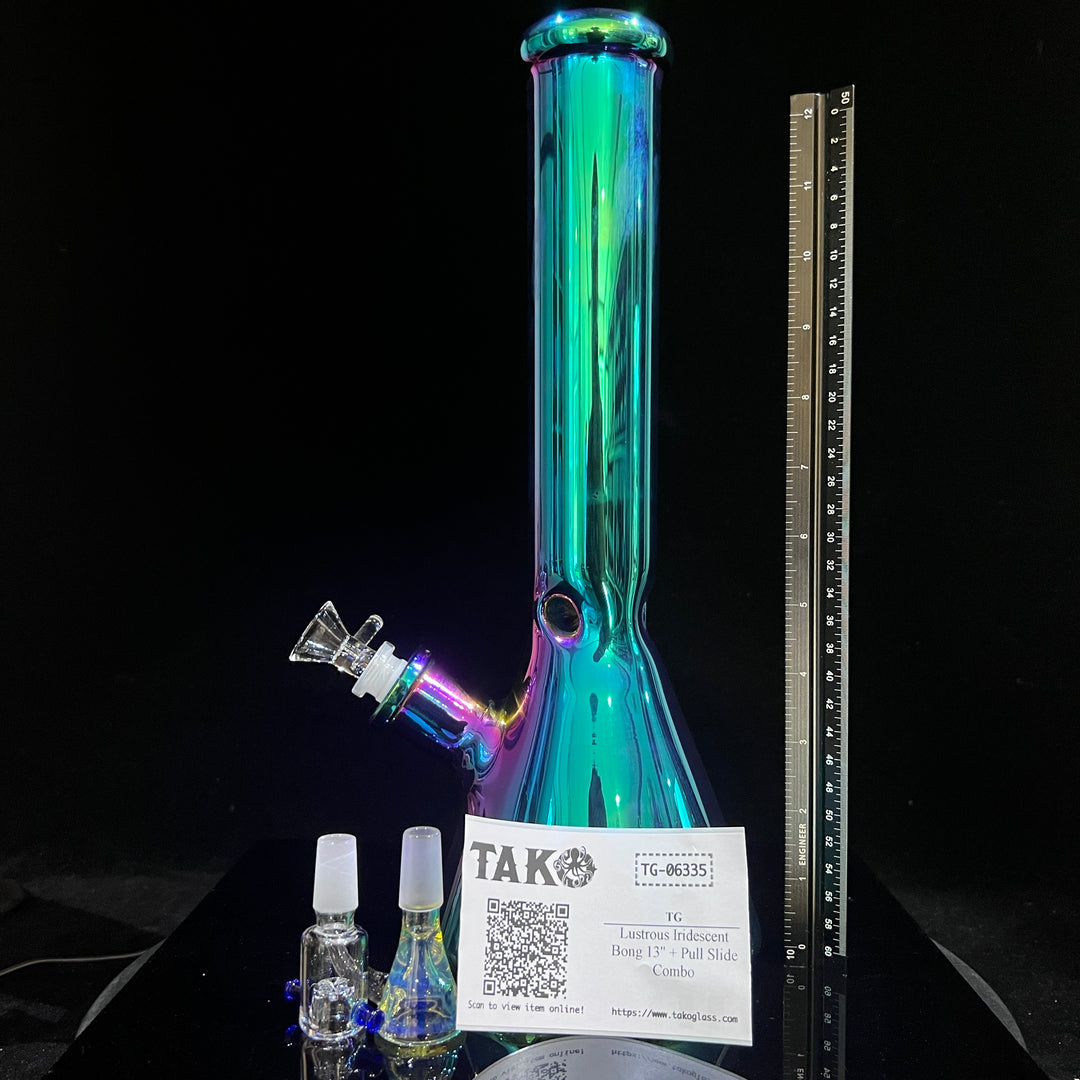 Lustrous Iridescent Bong 13" + Pull Slide Combo Glass Pipe TG   