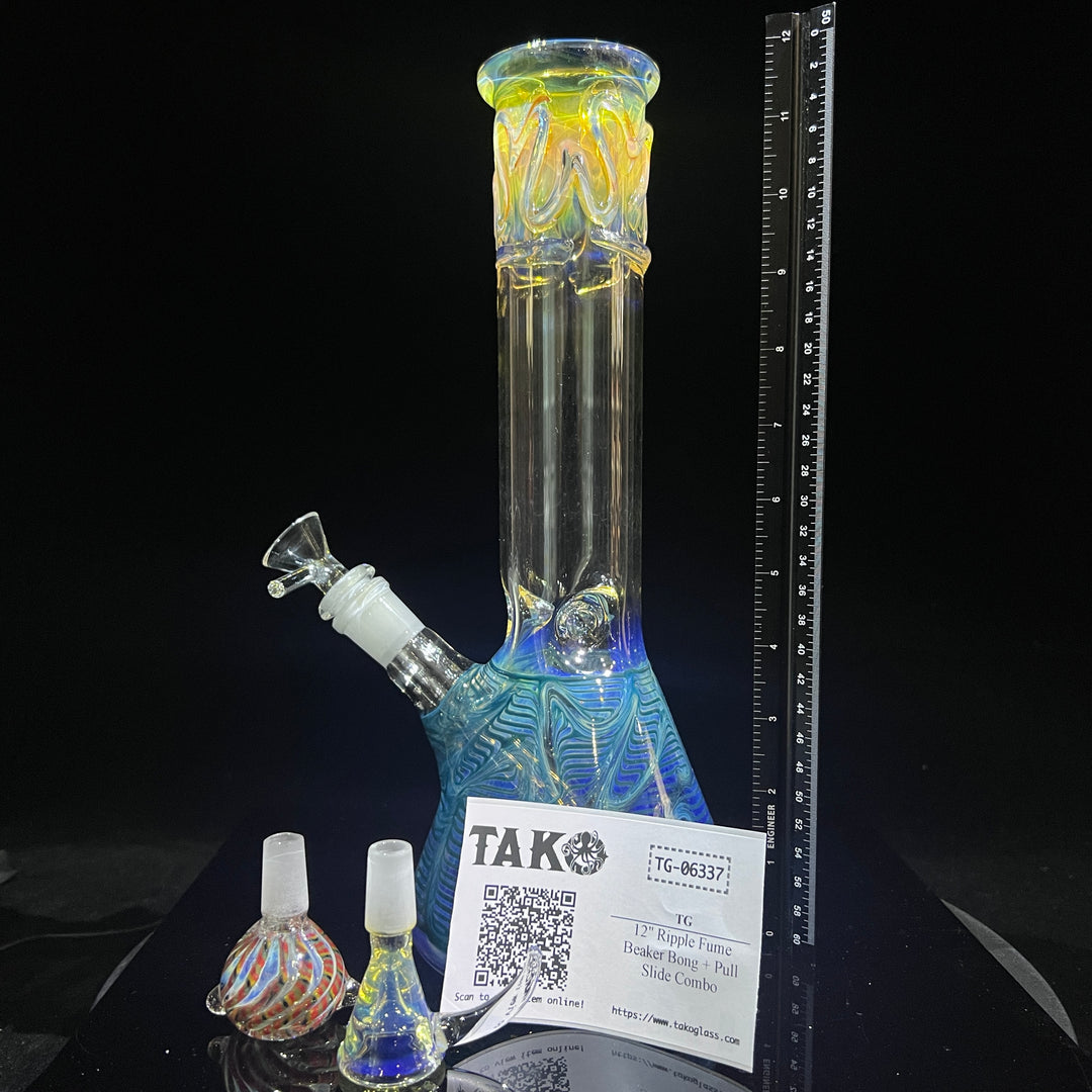 12" Ripple Fume Beaker Bong + Pull Slide Combo Glass Pipe TG   