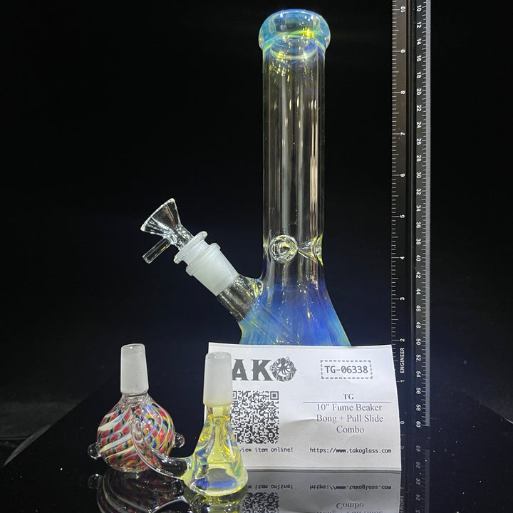 10" Fume Beaker Bong + Pull Slide Combo Glass Pipe TG   