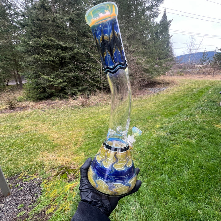 15" Fumed Bent Neck Color Rake Beaker Bong Glass Pipe Mary Jane's Glass