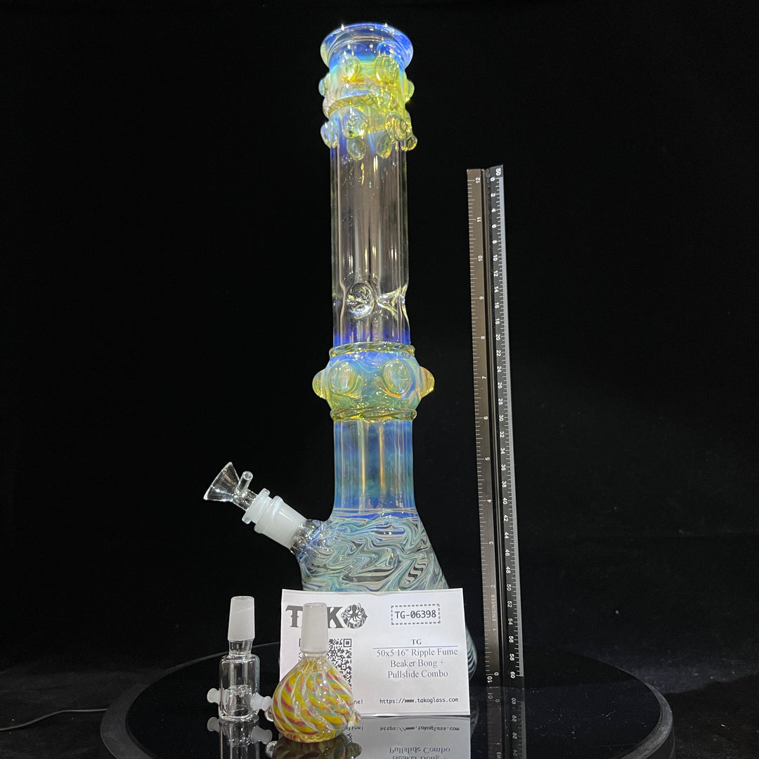 50x5 16" Ripple Fume Beaker Bong + Pullslide Combo Glass Pipe TG   