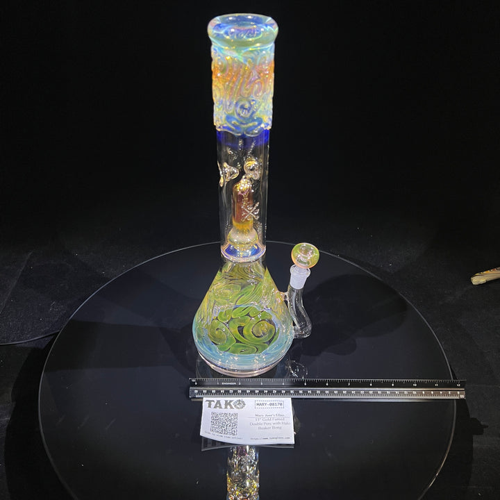 15" Gold Fumed Double Perc with Halo Beaker Bong Glass Pipe Mary Jane's Glass