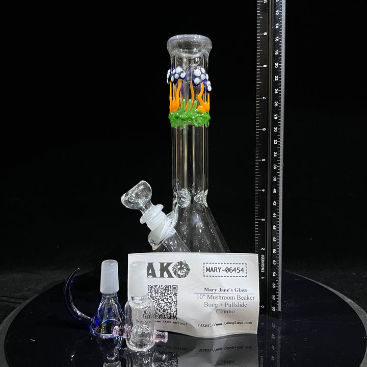 10" Mushroom Beaker Bong + Pullslide Combo Glass Pipe Mary Jane's Glass   