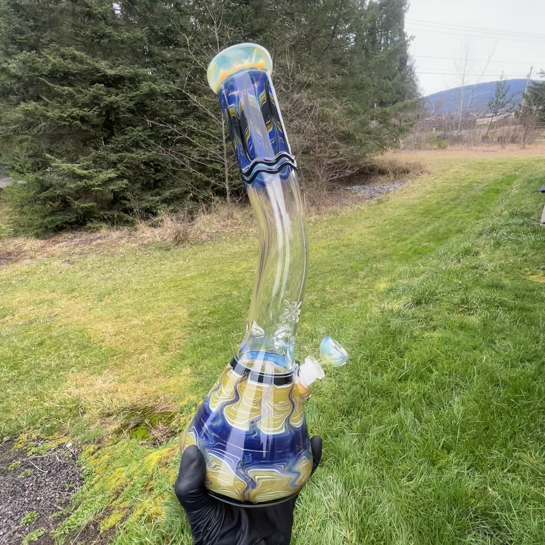 15" Fumed Bent Neck Color Rake Beaker Bong Glass Pipe Mary Jane's Glass